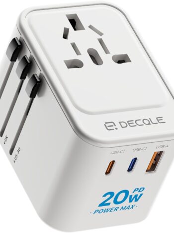 Universal Travel Adapter, International Travel Plug Adapter with 2 USB-C(PD 20W) ＆ 1 USB-A Ports, All in One Portable Adaptor, for USA, UK, EU, AU ＆ 224+ Countries (White) US