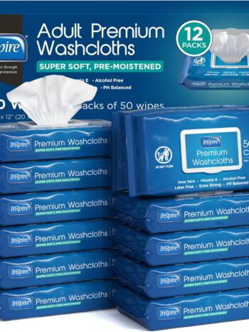 Inspire Adult Wet Wipes, Wash Cloths | Adult Wipes for Incontinence & Cleansing for Elderly, 8"x12" Count 12 packs of 50