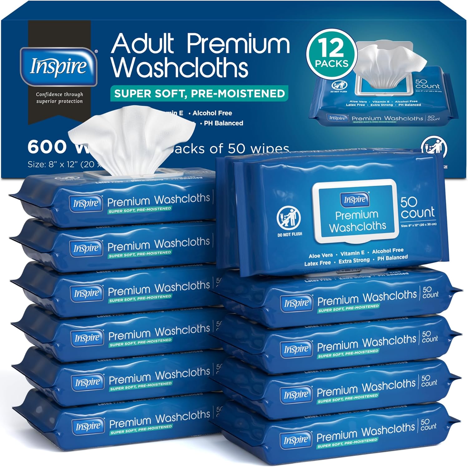 Inspire Adult Wet Wipes, Wash Cloths | Adult Wipes for Incontinence & Cleansing for Elderly, 8″x12″ Count 12 packs of 50